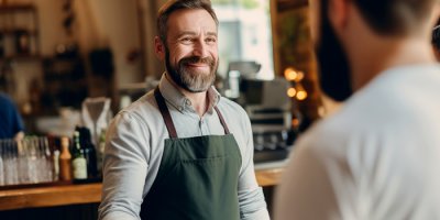 Restaurant owner with customer